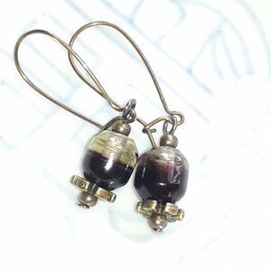 Brown Glass Antique Bronze SemiHoops Hidden Meaning earrings Unique Shapes  485■